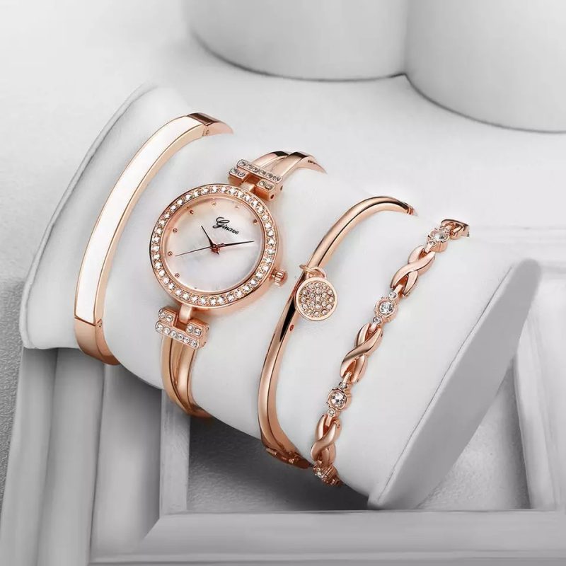 4 PCS Suit Elegant Bracelet Rose Gold Diamond Watch - Image 2