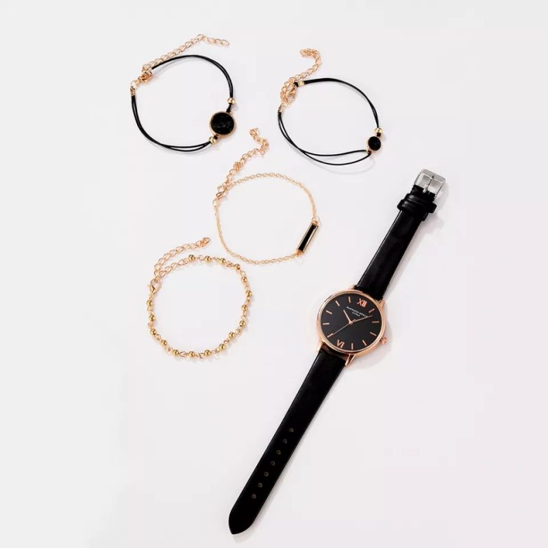 5pcs Set Top Style Fashion Women's Luxury Leather Band Analog Quartz Wrist Watch - Image 3
