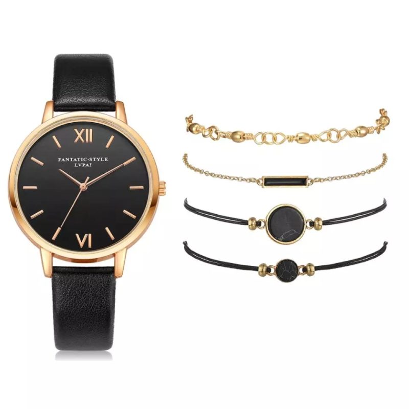 5pcs Set Top Style Fashion Women's Luxury Leather Band Analog Quartz Wrist Watch - Image 4