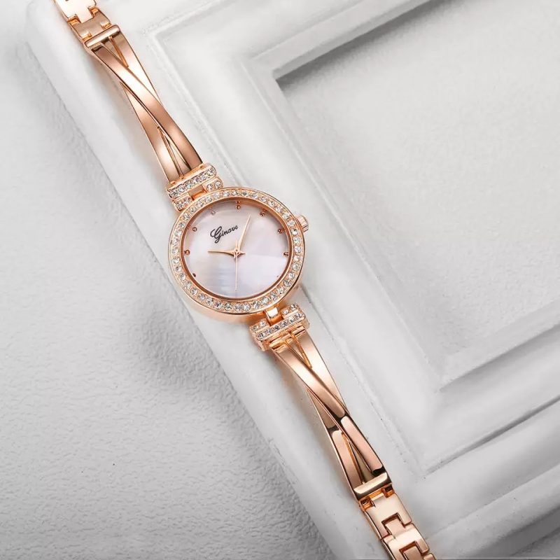 4 PCS Suit Elegant Bracelet Rose Gold Diamond Watch - Image 3