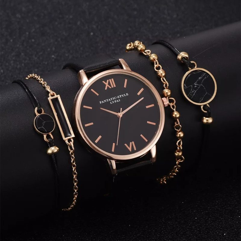 5pcs Set Top Style Fashion Women's Luxury Leather Band Analog Quartz Wrist Watch