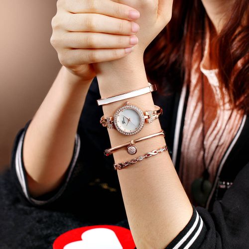 4 PCS Suit Elegant Bracelet Rose Gold Diamond Watch