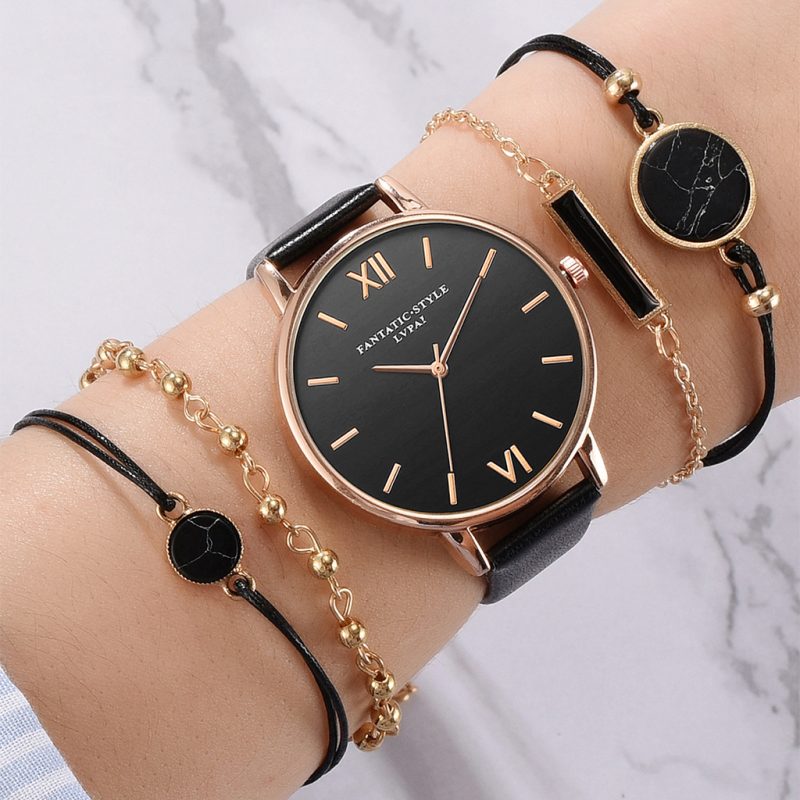 5pcs Set Top Style Fashion Women's Luxury Leather Band Analog Quartz Wrist Watch - Image 6
