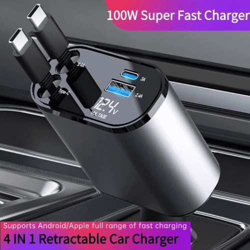 4 In 1 Retractable 100W Super Fast Car Charger