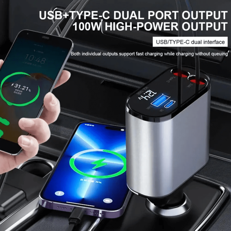 4 In 1 Retractable 100W Super Fast Car Charger - Image 2