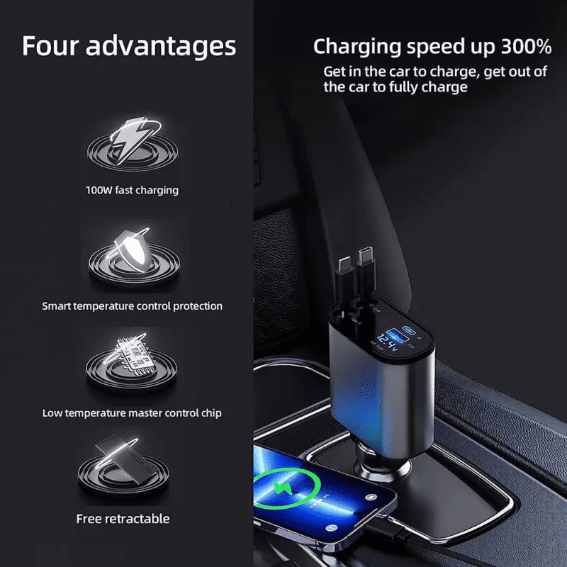 4 In 1 Retractable 100W Super Fast Car Charger - Image 3