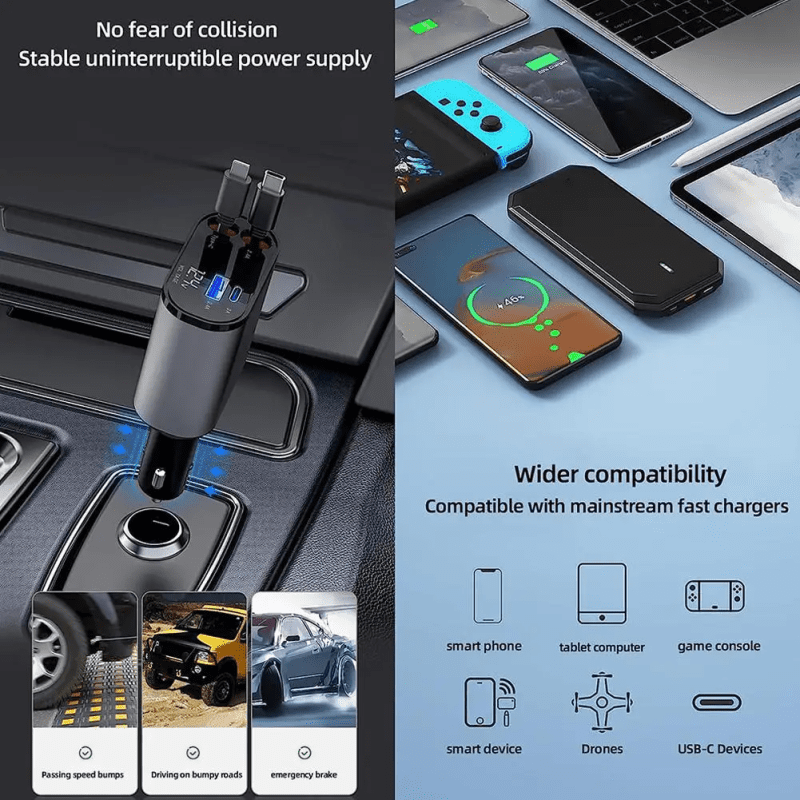 4 In 1 Retractable 100W Super Fast Car Charger - Image 6
